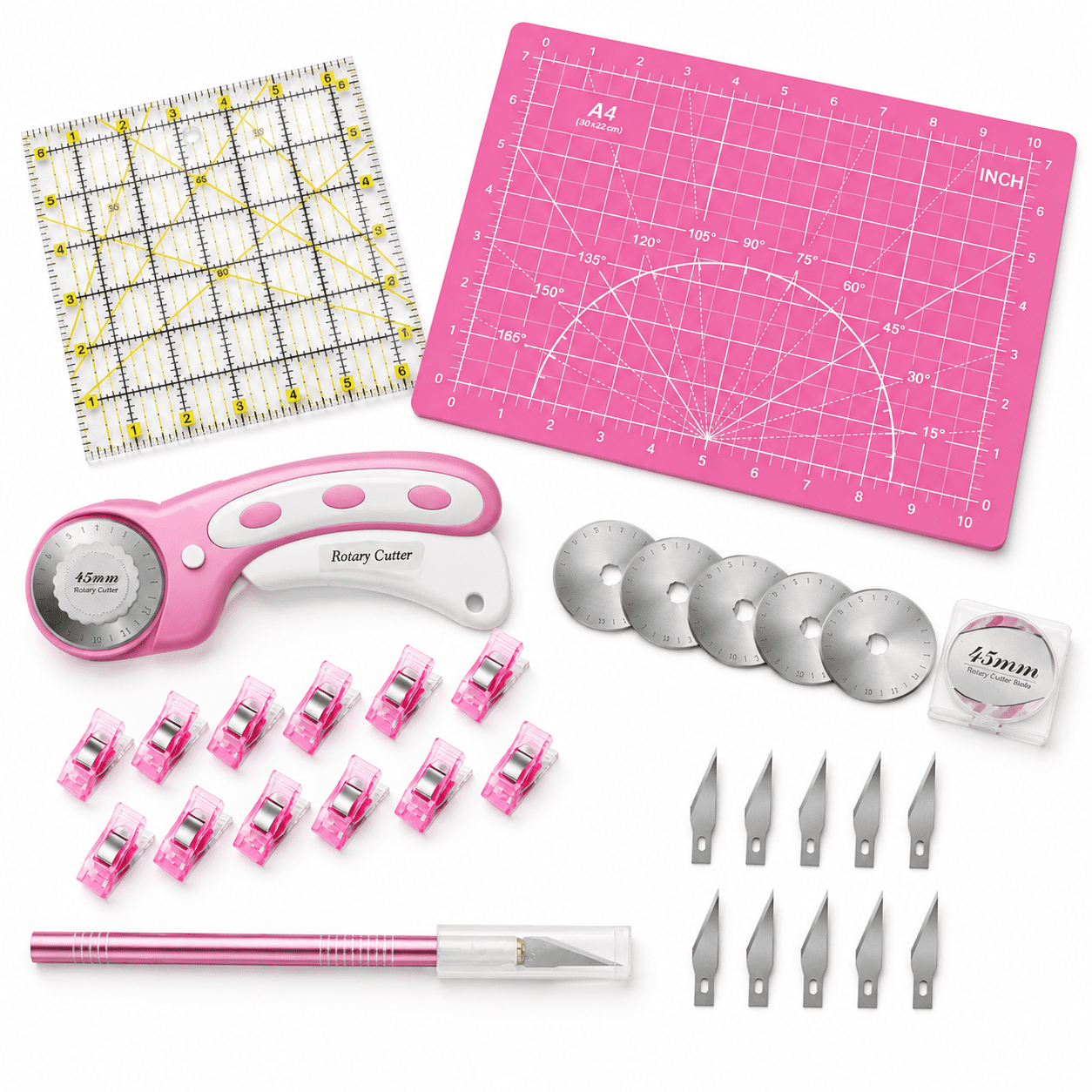 Simple Mm Ruler 39 Rotary Set Pink - Quilting Kit Incl. 45mm Fabric With 5 Extra A4 Mat ...