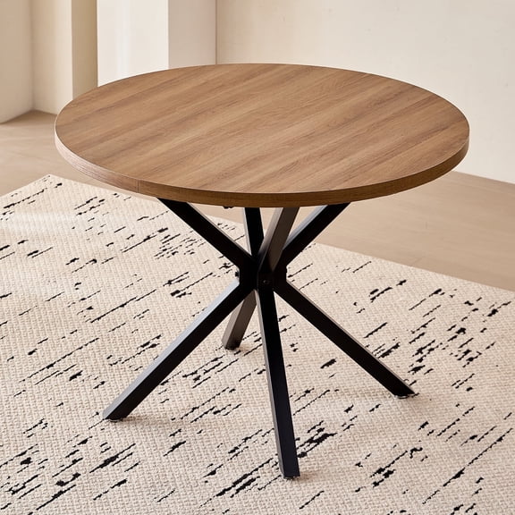 39” Round Dining Table, Modern Small Kitchen Table for 4 with X-Shaped Metal Legs and 1.2" Thickness Tabletop for Kitchen Dining Room, Coffee Table, Brown