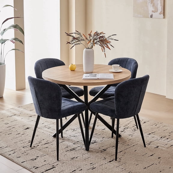 39" Round Dining Table Set for 4, Mid Century Kitchen Table with 4 Upholstered Accent Chenille Dining Chairs for Apartment Living Room, Space Saving, Blue