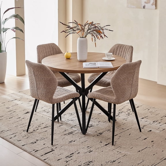 39" Round Dining Table Set for 4, Mid Century Kitchen Table with 4 Brown Upholstered Dining Chairs for Apartment Living Room Space Saving,Brown Table