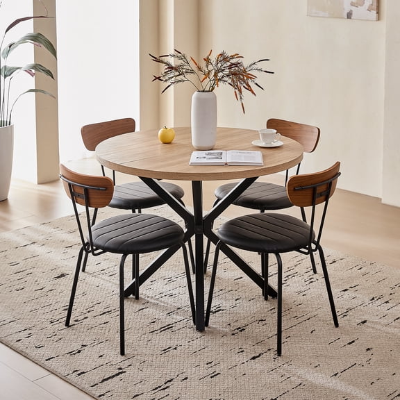 39" Round Dining Table Set for 4, Mid Century Kitchen Table with 4 Stackable Dining Chairs for Apartment Living Room Space Saving, Black