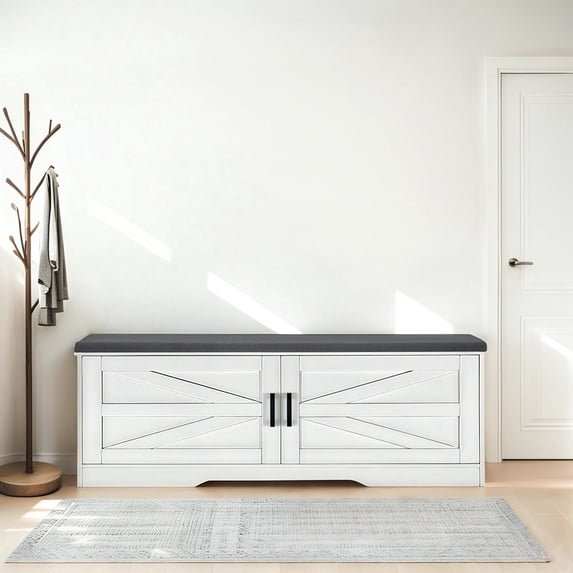 39" Hidden Shoe Storage Bench, Modern 2-Tier Stool with 2 Doors, Adjustable Shelves, Cushion, Wood Breakfast Nook Bench for Entryway, Hallway, Bedroom