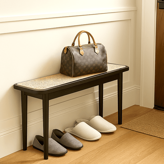 39" Solid Oak & Handwoven Rattan Bench | FAS-Grade Oak Legs | Black Accent Bench for Foyer, Entryway, Hallway,Dining Room, Bedroom Bed End