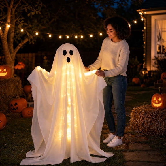 39" Tall Light Up Standing Ghost Halloween Decor with Warm LED Lights, Spooky White Fabric Ghost Figure for Indoor Outdoor Yard Porch Party Display
