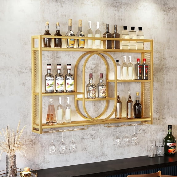 39" Upgrade Metal Wall Mounted Wine Rack, 3-Tier Large Capacity Hanging Bar Shelf, Modern Liquor Wall Shelves for Home & Dining, Gold