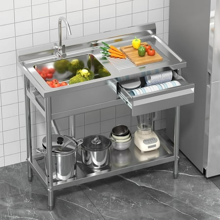 39" Utility Sink Freestanding Single Bowl Laundry Sink with Hot and Cold Water Plumbing Workbench & Storage Stainless Steel Sink for Kitchen and Bathroom