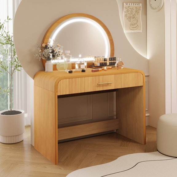 39" Vanity Table w/ Touch Screen Mirror, Drawer, Lighted Dressing Table,Natural