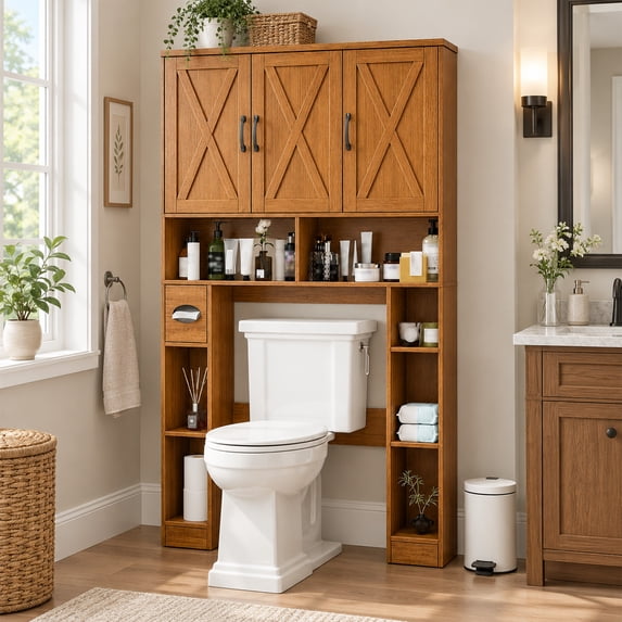 39" W Over The Toilet Storage Cabinet with 3 Doors, Adjustable Shelf and Paper Holder, Bathroom Storage Organizer with Open Storage Shelf
