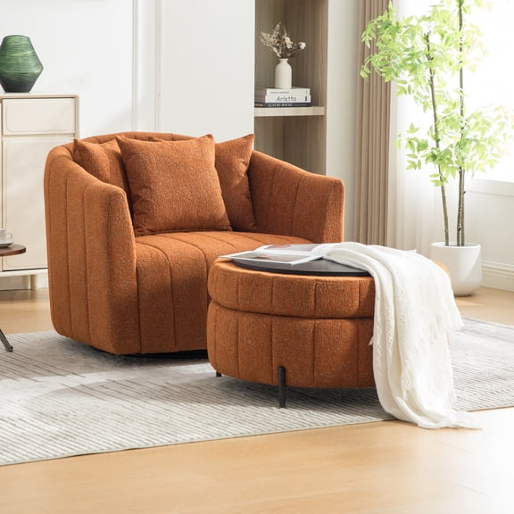 39"W Oversized 360 Swivel Accent Barrel Chair and Half Sofa with Round Ottoman Set, Chenille Channel Tufted Pumpkin Club Armchair 3 Pillows with Storage Stool for Living Room, Bedroom, Lounge, Orang