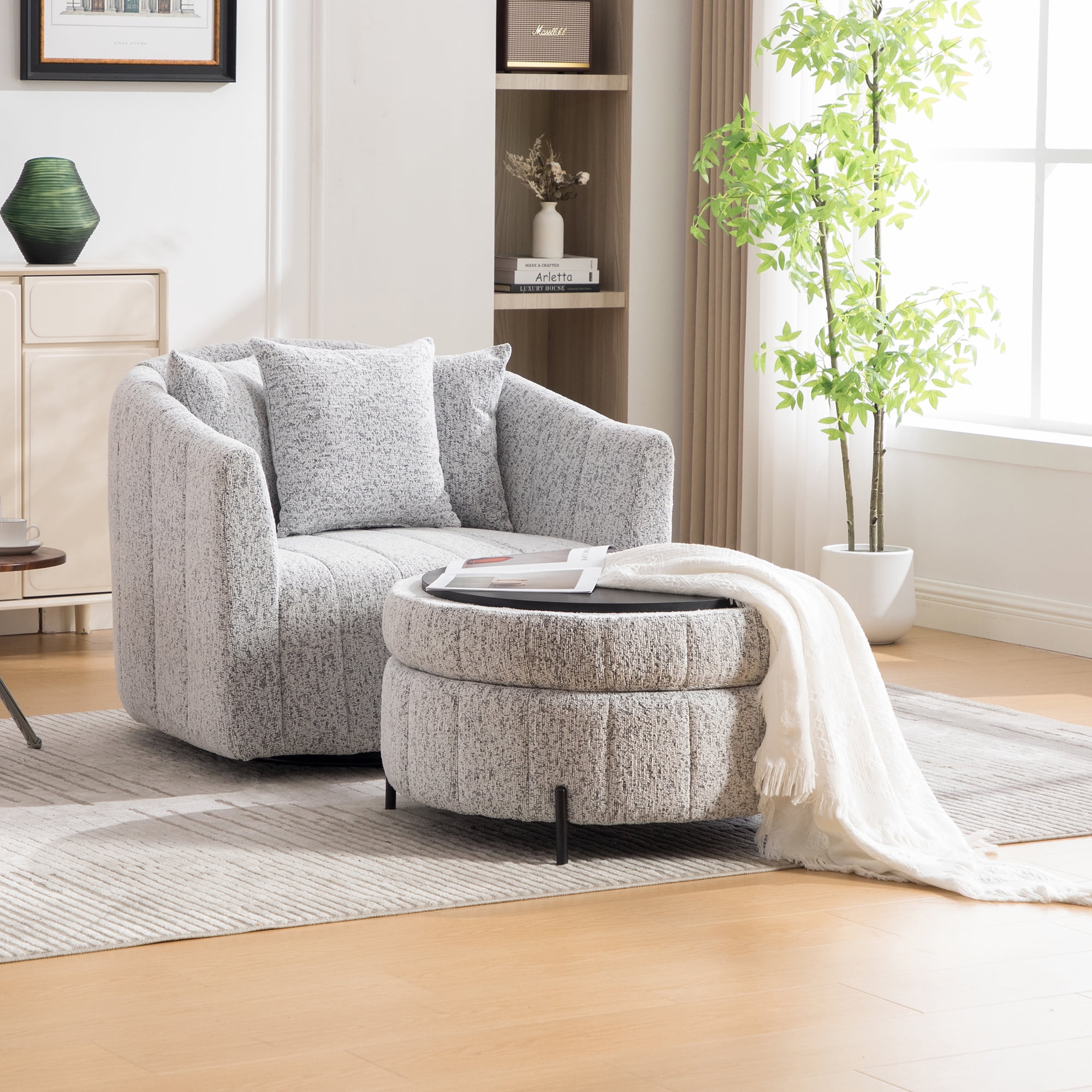39"W Oversized 360° Swivel Accent Chair Set with Storage Ottoman and Pillow
