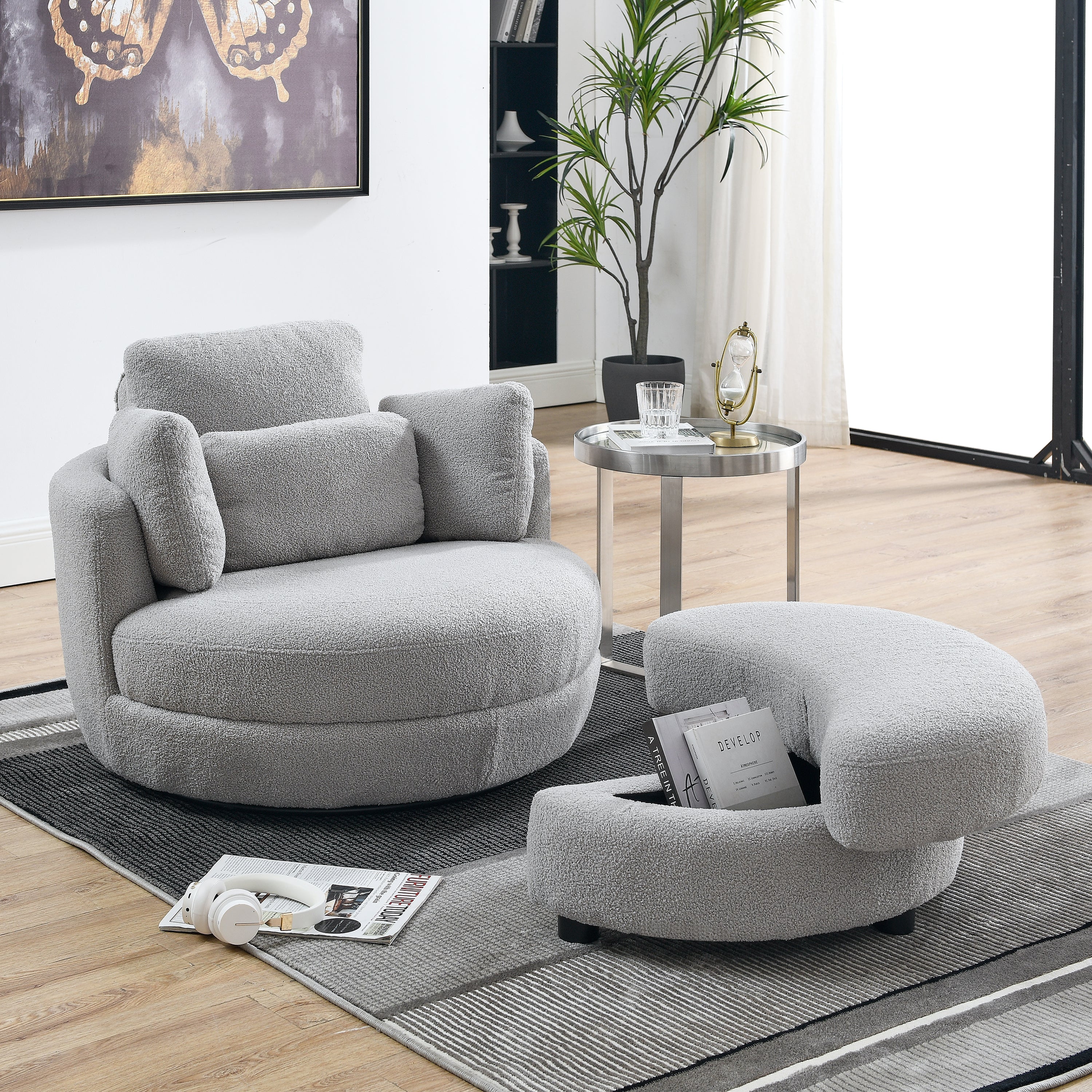 39" W Oversized Swivel Chair with moon storage ottoman for Living Room