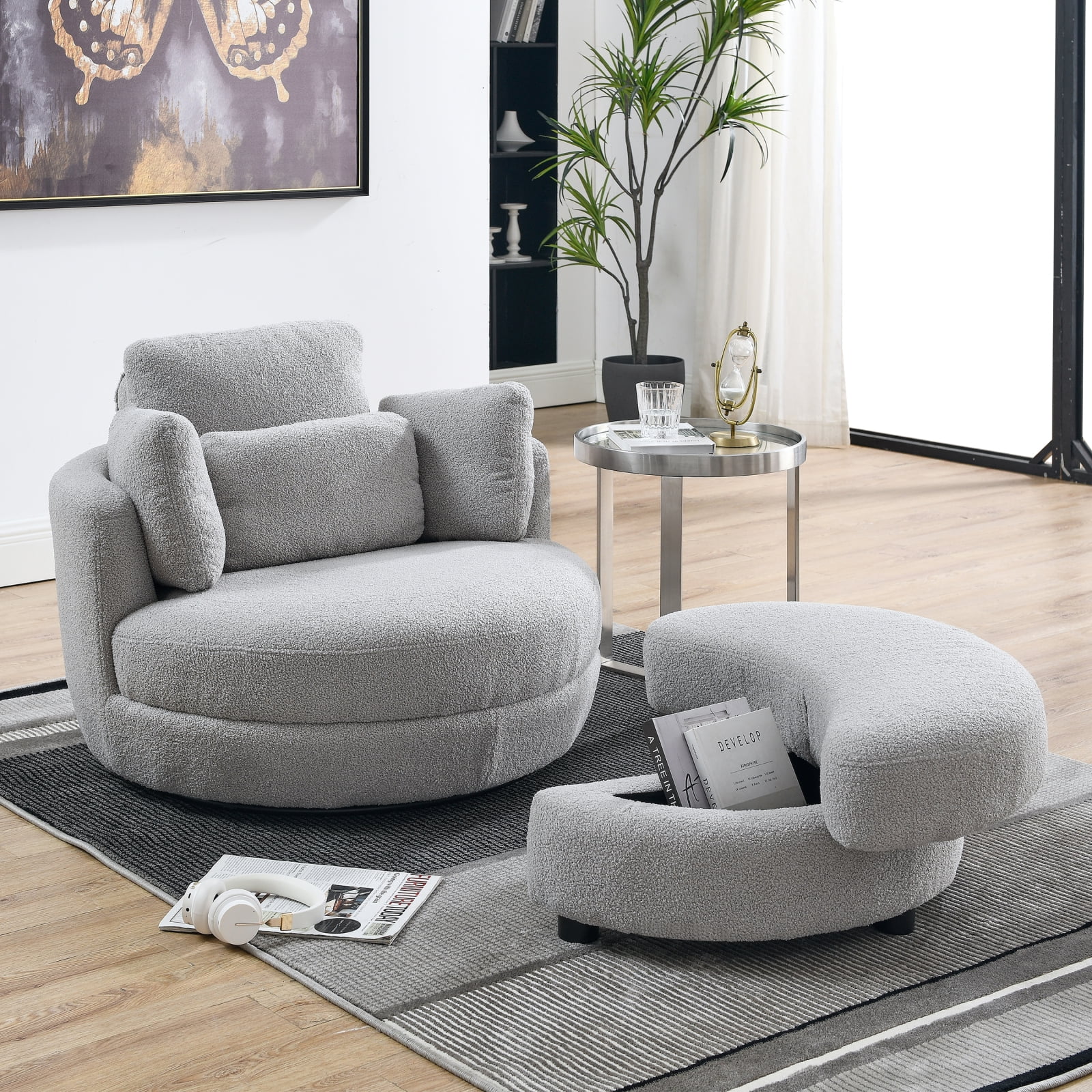 39"W Oversized Swivel Chair with moon storage ottoman, Modern Accent ...