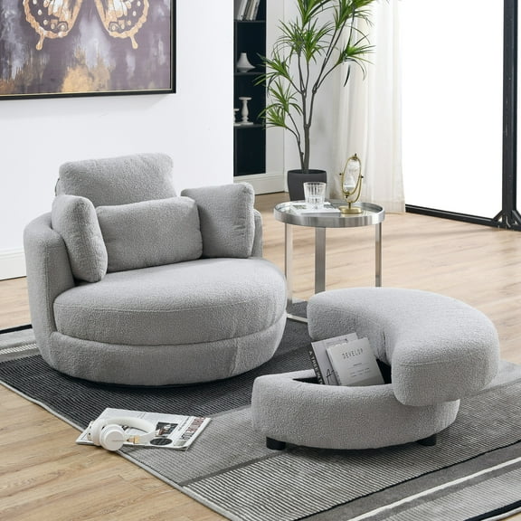 39"W Swivel Chair with Moon Storage Ottoman for Living Room, Modern Accent Round Loveseat Circle Swivel Barrel Chairs for Bedroom Cuddle Sofa Chair Lounger Armchair, 4 Pillows, Teddy Fabric (Grey)
