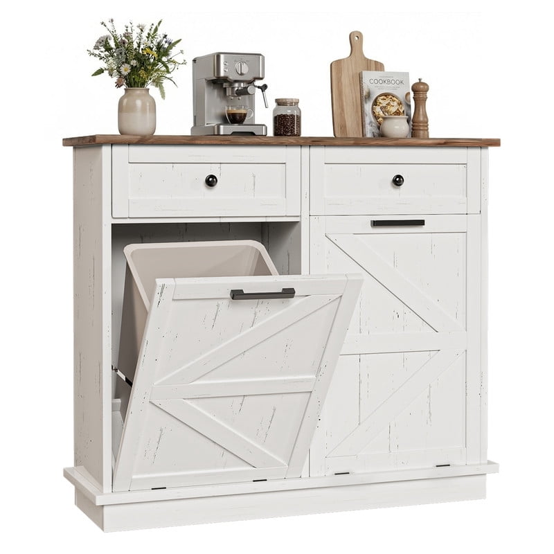 39''W Tilt Out Trash Can Storage Cabinet with 2 Drawers, Farmhouse Kitchen Island with Double 10-Gallon Trash Hidden Cabinet