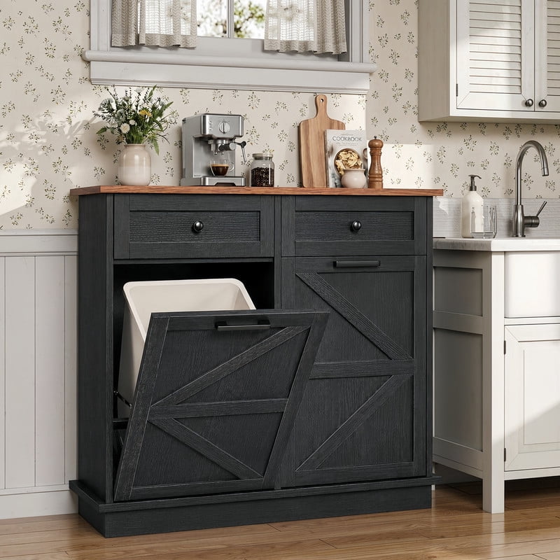 39''W Tilt Out Trash Can Storage Cabinet with 2 Drawers, Farmhouse Kitchen Island with Double 10-Gallon Trash Hidden Cabinet