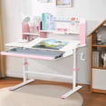 thumbnail image 1 of 39" Wide Adjustable Height Kids Desk Study Child Table with Tilting Desktop, Steel Frame, Drawer, Bookshelf Hutch (Pink), 1 of 9