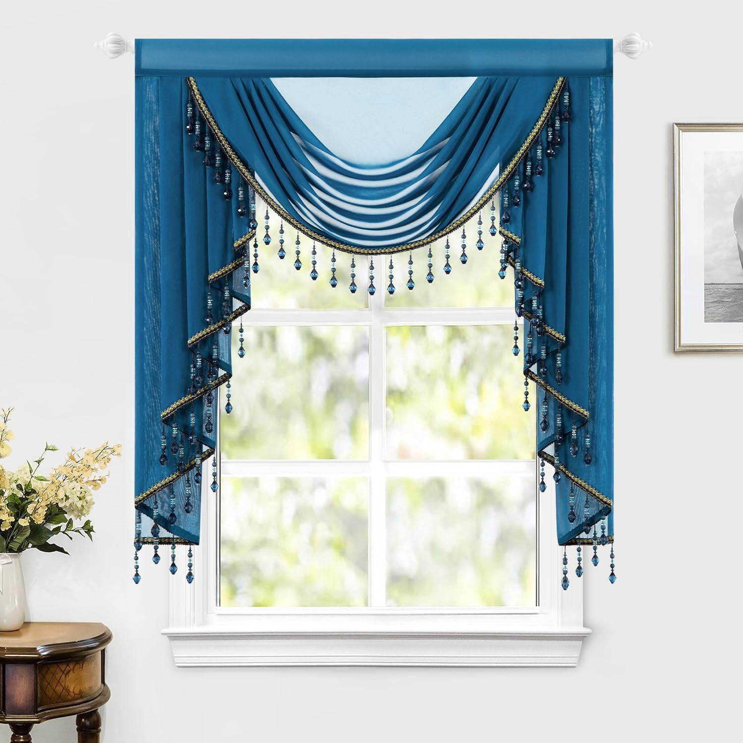 39" Wide Navy Blue Waterfall Valance, 1 Swag Sheer Voile Topper with Beaded Trim, Vintage Window Swag for Nursery & Cafe, 1 Panel