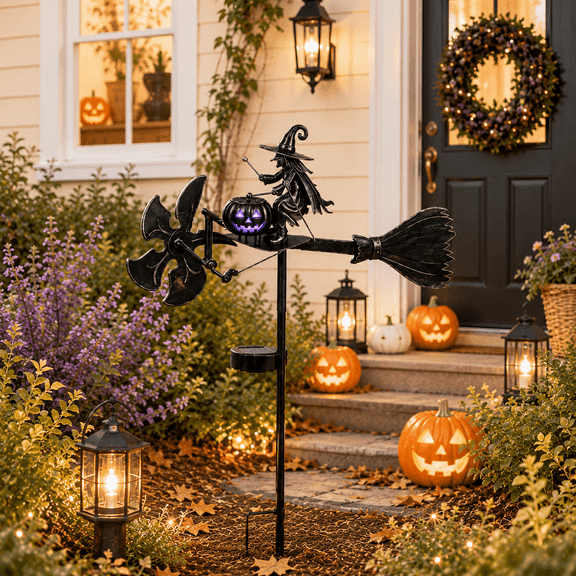 39'' Witch Wind Spinner Garden Stake, Metal Weather Vane Yard Ornament with Light Up Pumpkin, Gothic Witch on Broom Windmill Decor, Waterproof Outdoor Lawn Patio Halloween Landscape Decoration