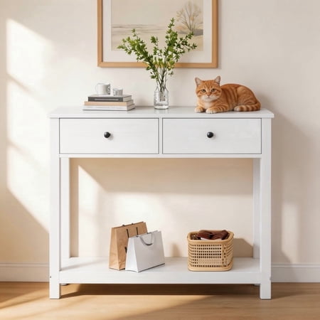 Asofer Console Table, Narrow Entryway Table with 2 Drawers, Bttom Shelf for Living Room, Foyer, White