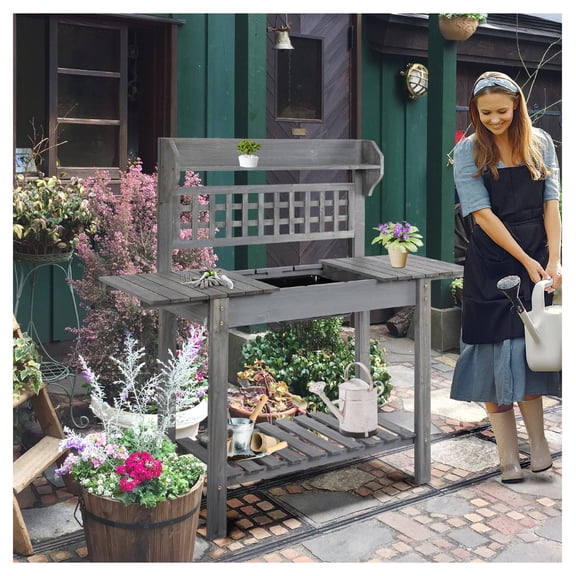39'' Wooden Garden Potting Bench Work Table with Storage & Sliding Top - Gray