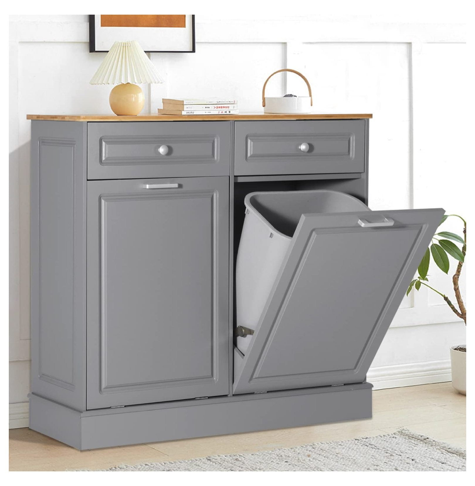 39'' Wooden Pull Out Trash Can for Kitchen Island,Tilt Out Bin