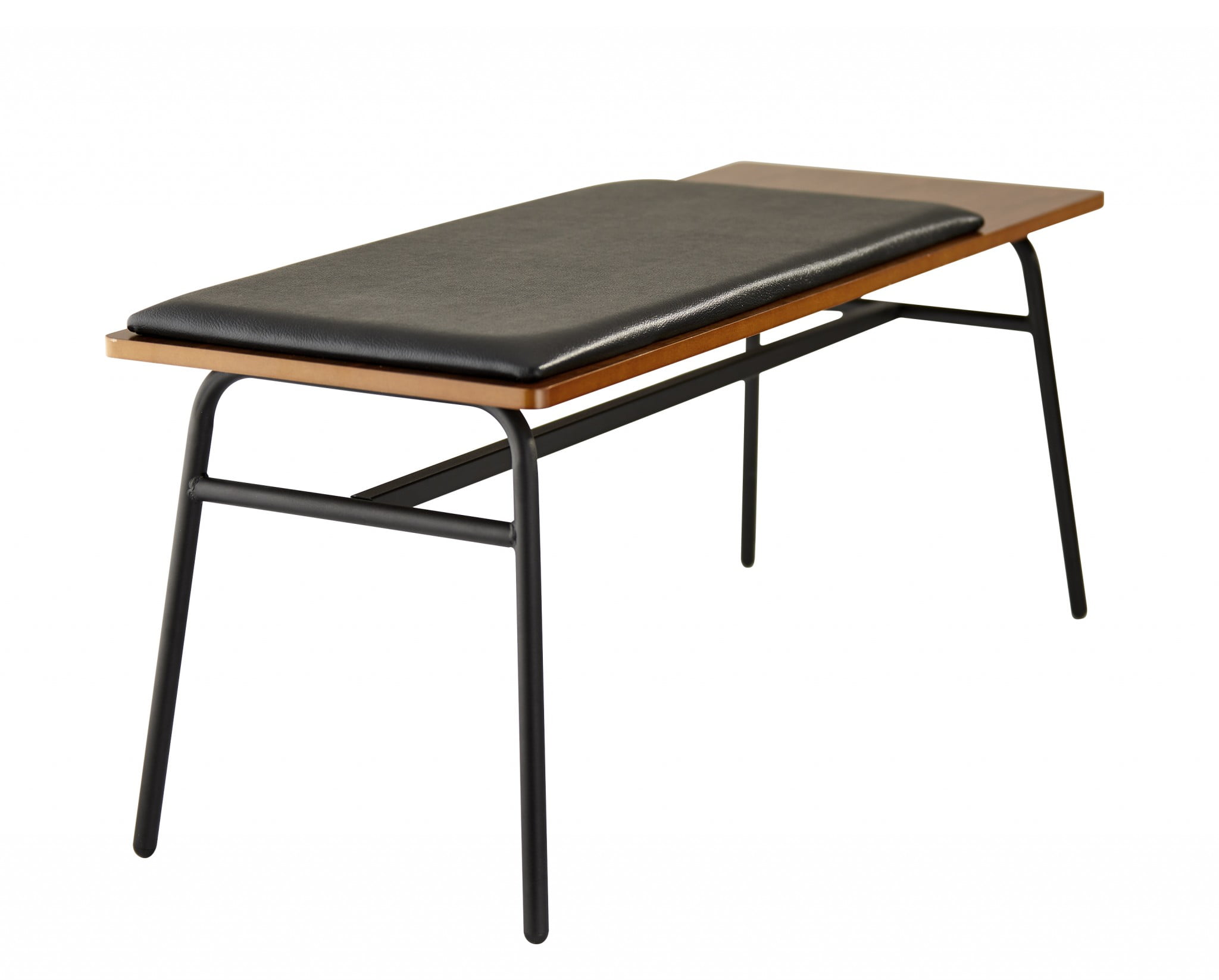Walnut and Black Metal Upholstered Storage Bench