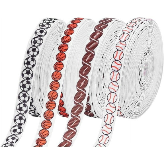 39 Yards Football Ribbon 4 Style Sports Ribbon 3/8 Inch Polyester Baseball Ribbon Basketball Soccer Grosgrain Ribbon Ball Crafts Ribbon for Gift Wrapping Hair Bows Crafting for DIY