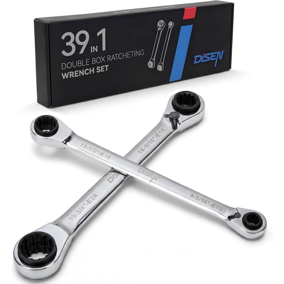 39-in-1 Reversible Ratcheting Box Wrench Set E Torx E10-E24 & SAE 5/16"-3/4" & Metric 8-19mm With 4-in-1 Double Box End Wrench CR-V Steel Multifunctional Wrench Repair Tool Father's Gift 2PCS
