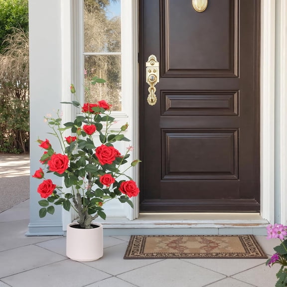 39 inch Artificial Rose Tree with Decorative White Planter,21 Blooming Fake Outdoor Flower Trees,Faux Plants for Indoor Home Front Door Decor