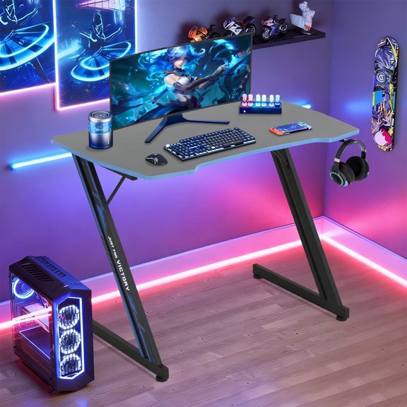 39 inch Gaming Desk Z-Shaped Leg PC Computer Desk with Headphone Hook, Ergonomic Gaming Table Gaming Workstation（Blue）