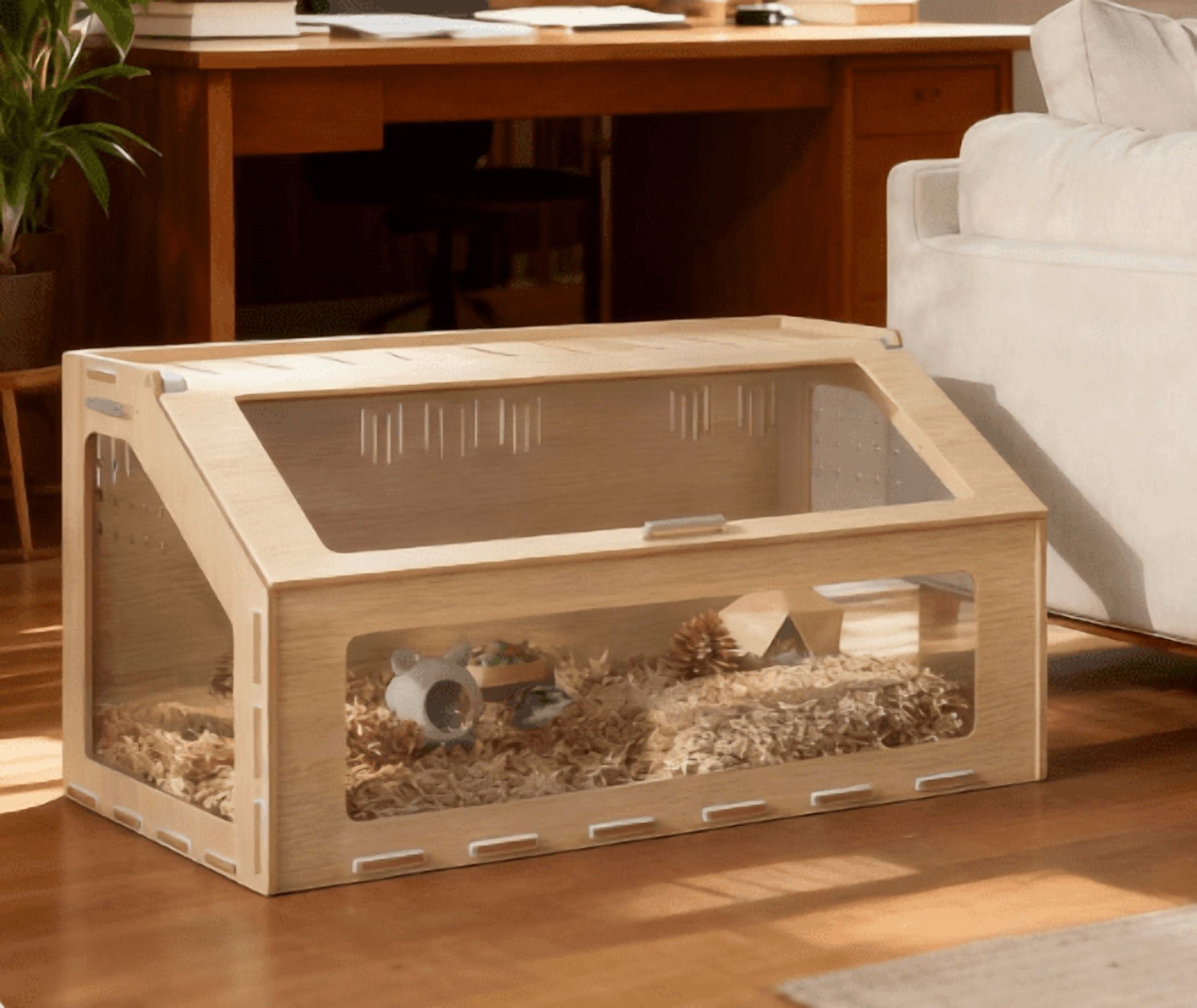 39 inch Hamster Cage Habitat with Window & Openable Top , Oak