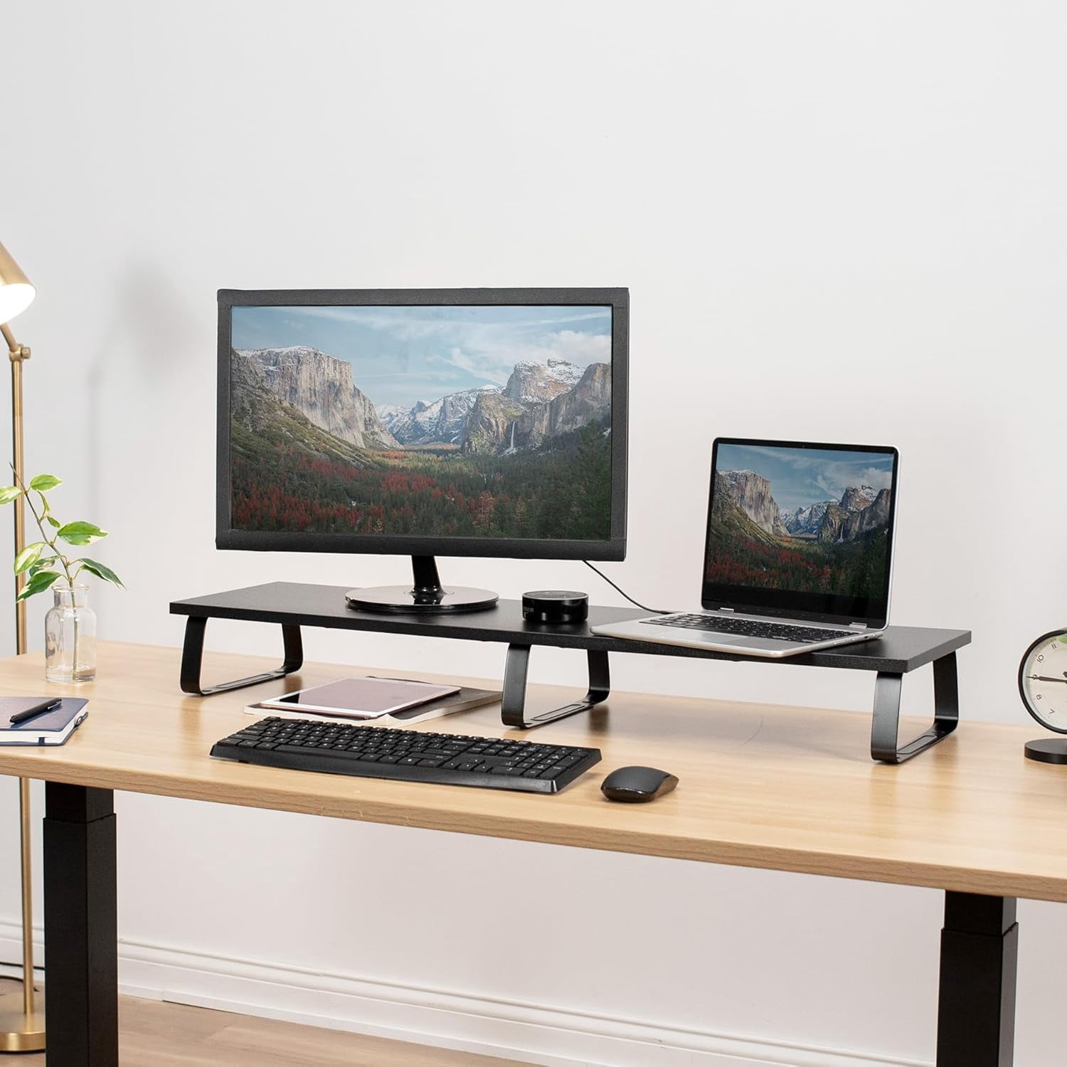 39 inch Long Monitor Stand, Wood & Steel Desktop Riser, Dual Screen, TV ...