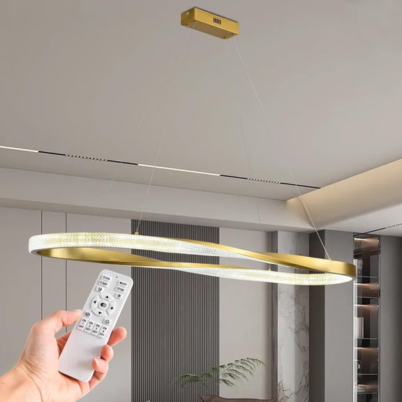 39-inch Modern Gold Ring LED Pendant Light, Dimmable Hanging Chandelier with Remote for Kitchen Island, Dining Room, Bedroom, Adjustable Height to 78 inches