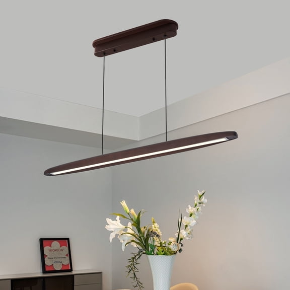 39-inch Streamline Wooden LED Pendant Light with Remote Control, Adjustable Hanging Light for Dining Room, Kitchen, Living Room  Contemporary Walnut Wood Finish