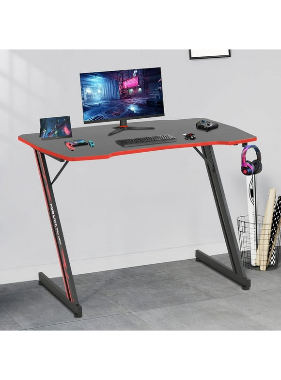 39 inch Z Shaped Ergonomic Gaming Desk PC Computer Desk with Headphone Hook for Game Players,Red