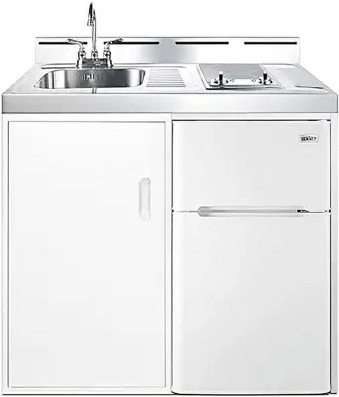 39 inch wide all-in-one kitchenette with 2-burner 115V smooth-top cooktop, refrigerator-freezer, sink, and storage cabinet