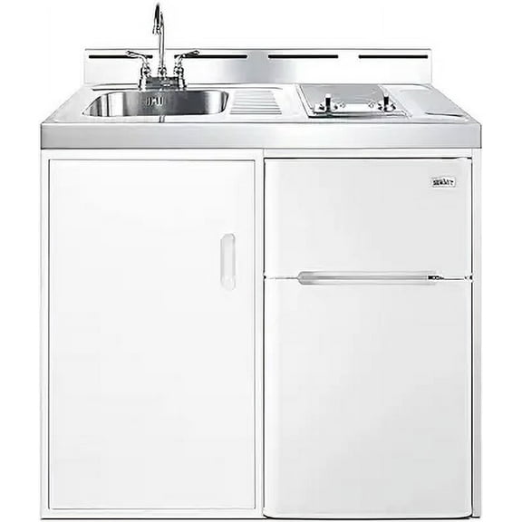39 inch wide all-in-one kitchenette with 2-burner 115V smooth-top cooktop, refrigerator-freezer, sink, and storage cabinet