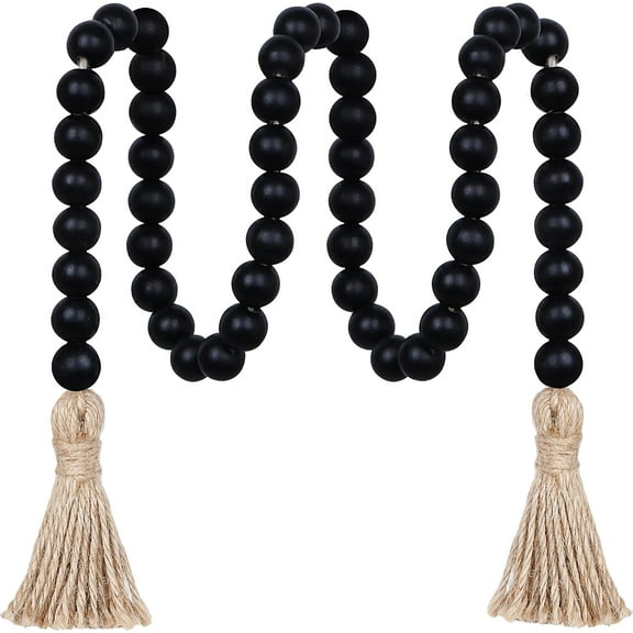 39 inches Farmhouse Wood Bead Garland with Tassels, Prayer Beads Boho Chic Wall Hanging Home Decor