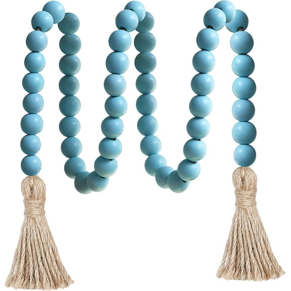39 inches Farmhouse Wood Bead Garland with Tassels, Prayer Beads Boho Chic Wall Hanging Home Decor