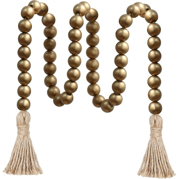 39 inches Farmhouse Wood Bead Garland with Tassels, Prayer Beads Boho Chic Wall Hanging Home Decor