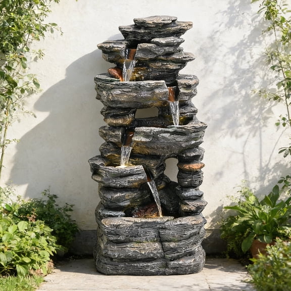 39"outdoor 4-Tier Cascading Rock Floor Fountain - Low Maintenance, With LED Lights & Pump, Serene Aerating Water Feature for Patio/Deck