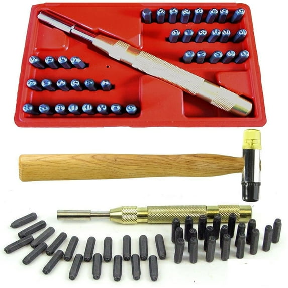 39 pc Letter Punch Set - Precision Number & Uppercase Letter Alphabet ID & Symbol Stamping Tool Set Kit w/ Automatic Spring Loaded Punch, Carry Case & Jeweler's Hammer w/ Plastic & Rubber Head