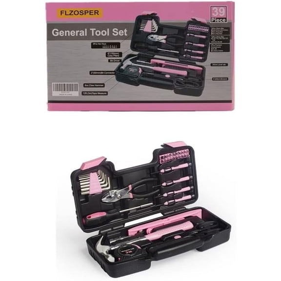 39-piece general tool set - essential household manual tool set, with portable tool box storage box (pink - level)