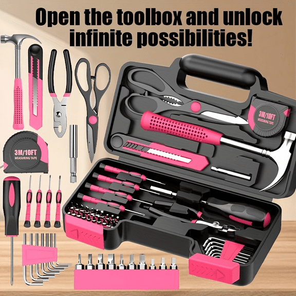 39-piece tool kit set - pink tool kit, women's tool kit for storing in a pink toolbox, suitable for home DIY projects