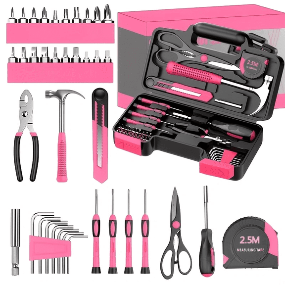 39-piece tool set that can be stored in a pink toolbox, suitable for women and family DIY projects, including accessories such as hammers, scissors, pliers, and 20 screwdriver bits