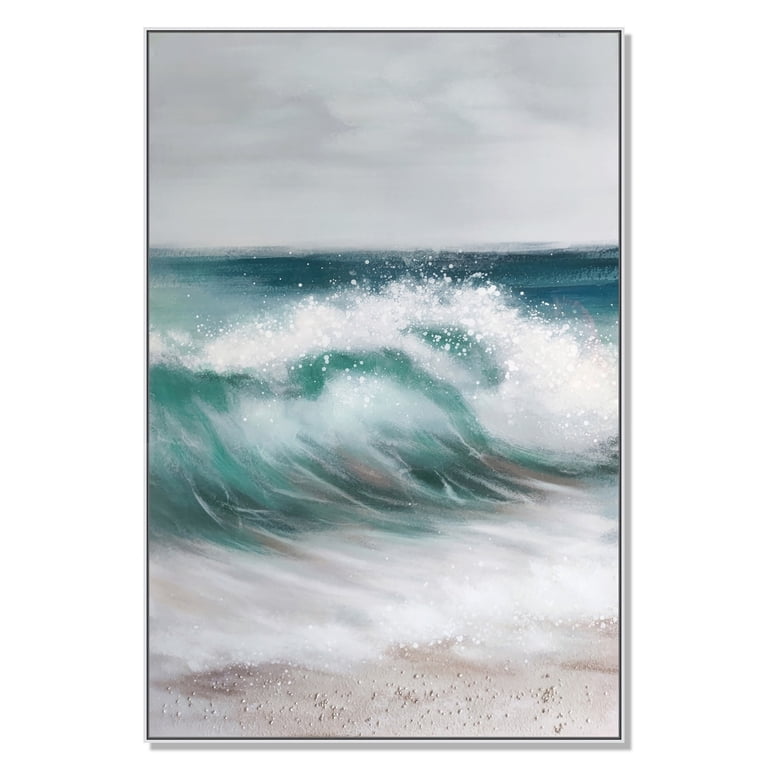 39 x 59 Hand Painted Cresting Waves, White Frame, Seafoam Green