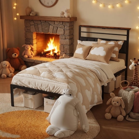 39" x 80" Twin Platform Bed Frame with Charging Station Headboard, Black, USB Ports, LED Lights, No Box Spring Needed
