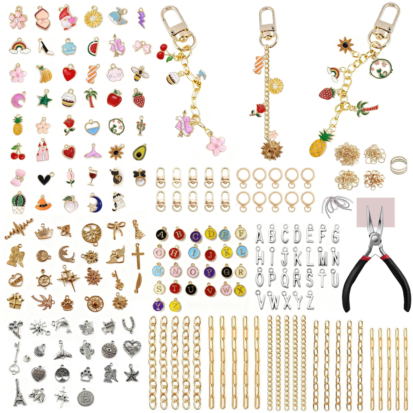 390 Charms Lip Gloss Keychain Making Kit, Including 20 Keychain Clips 25 Extender Chain 118 Charms Jewelry Plier, Bag Charm Kit, Keychains Making Supplies for DIY Crafting and Jewelry Making