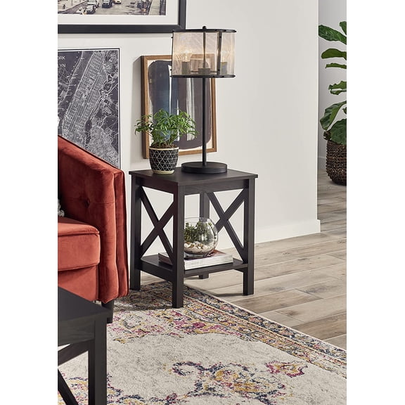 3905 X-Frame Design Side or End Table with Shelf, Black Walnut Wood