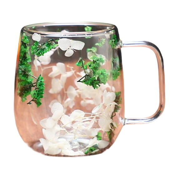 390ml Double Wall Glass Coffee Mugs Flower Coffee Mug Insulated Clear Espresso Cups for Cappuccino Tea Latte Hot Beverages Glasses (The color and position of the flowers are random)